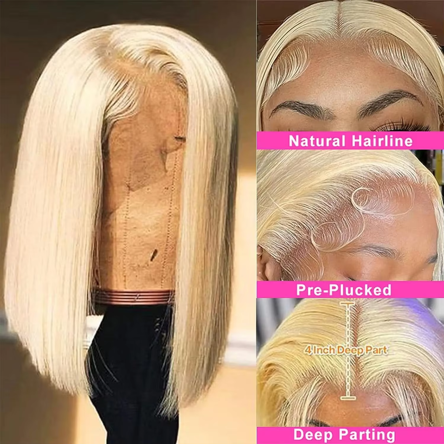 Perruque Lace Front Wig 613 Blonde Soyeuse Lisse 13x4 Bob Perruque Cheveux Humains Courts Lisse Lace Front Bob Perruques Cheveux Humains pour Femmes Noires 