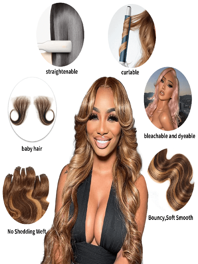 Rovess 30 30 30 30 Inch 4/27 Highlight Body Wave Hair Bundles Virgin Brazilian Hair Weave 4 Bundles