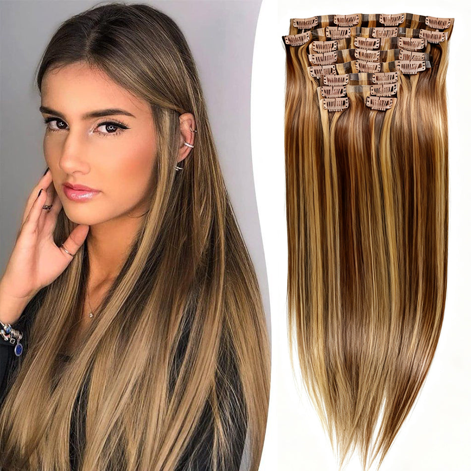 4/27 Highlight Clip in Hair Extension Human Hair 12A Human Hair Long Straight 22inch Clip in Extensions Human Hair