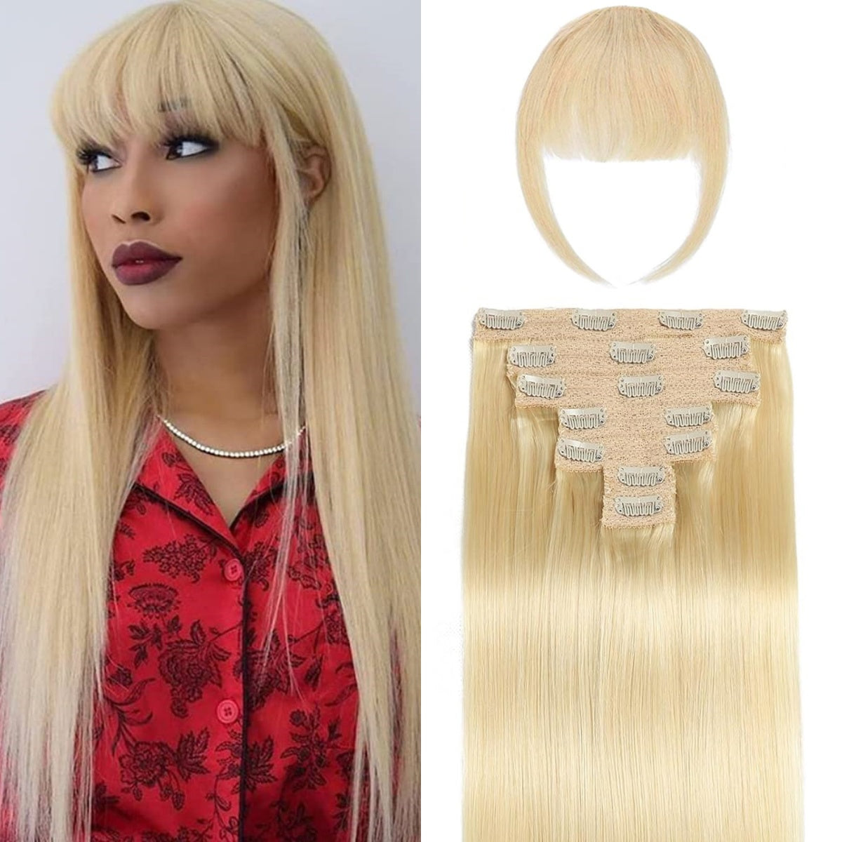 12A Clip in Extensions Remy Human Hair With Bangs 613 BlondeSilky Straight Clip in Hair Extensions 100% Real Soft Human Hair