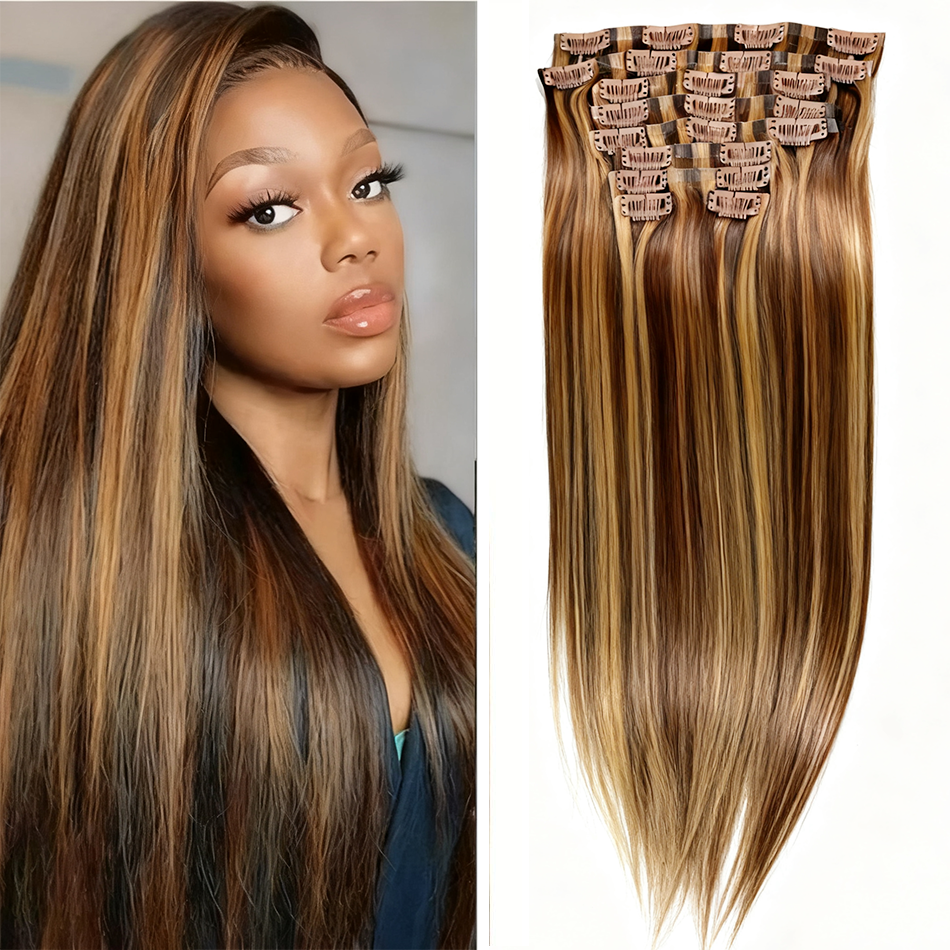 4/27 Highlight Clip in Hair Extension Human Hair 12A Human Hair Long Straight 22inch Clip in Extensions Human Hair