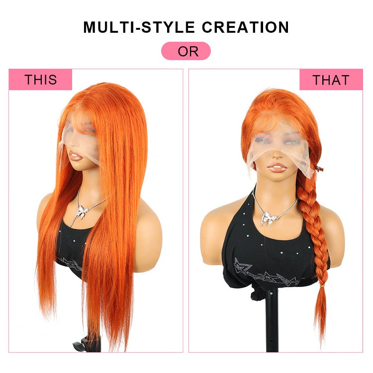 Perruques brésiliennes lisses avec dentelle frontale, cheveux humains, couleur orange roux, 30 pouces, 350, HD, 13x6, pré-épilées 