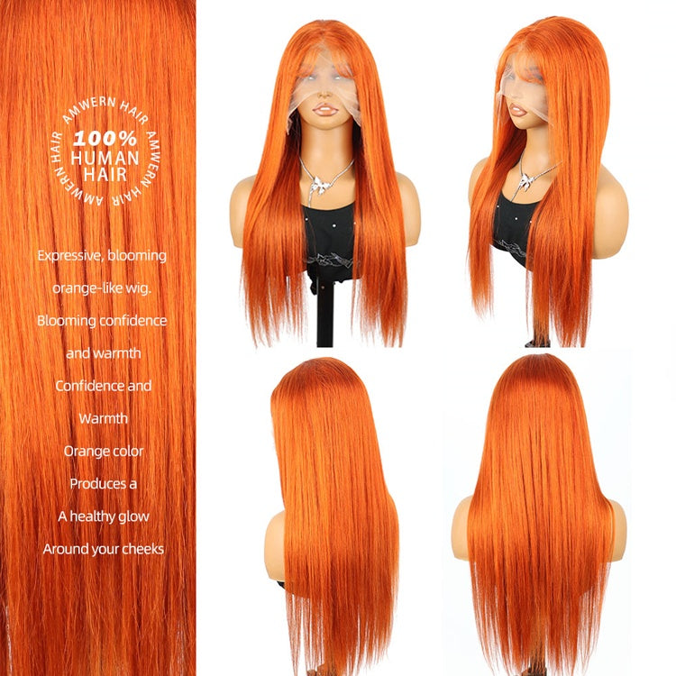 Perruques brésiliennes lisses avec dentelle frontale, cheveux humains, couleur orange roux, 30 pouces, 350, HD, 13x6, pré-épilées 