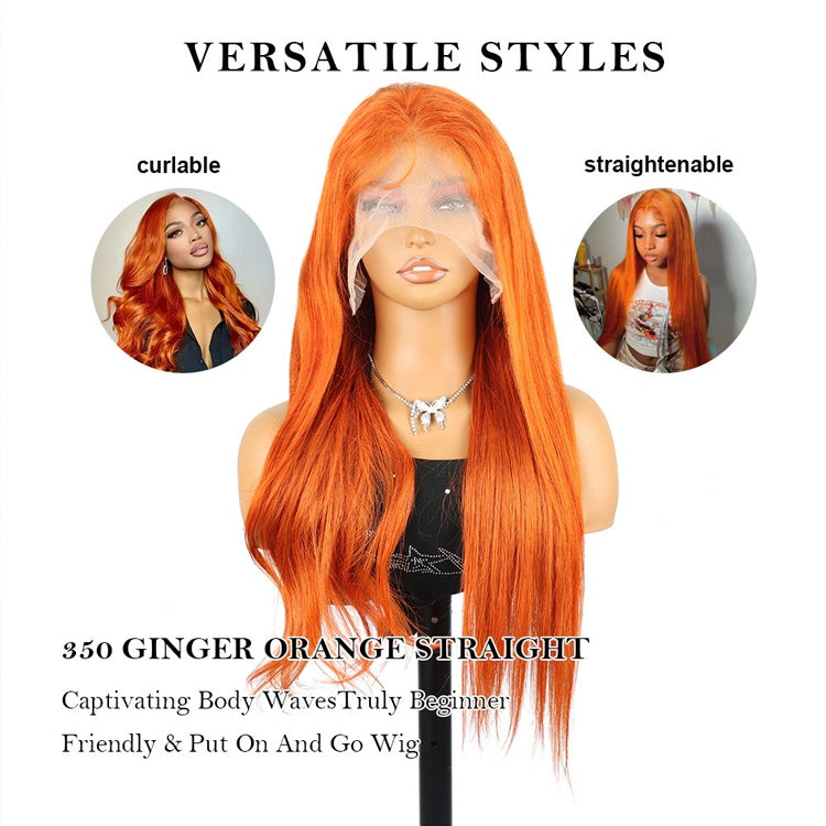 Perruques brésiliennes lisses avec dentelle frontale, cheveux humains, couleur orange roux, 30 pouces, 350, HD, 13x6, pré-épilées 