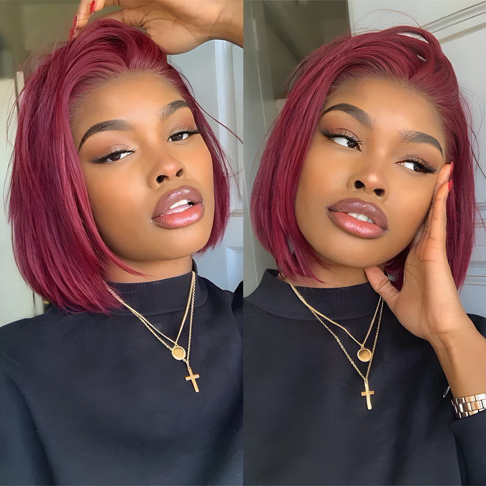 Perruque Bob 99J bordeaux 25 cm, cheveux humains, dentelle frontale 13x4, cheveux humains, courte et lisse, perruque rouge 