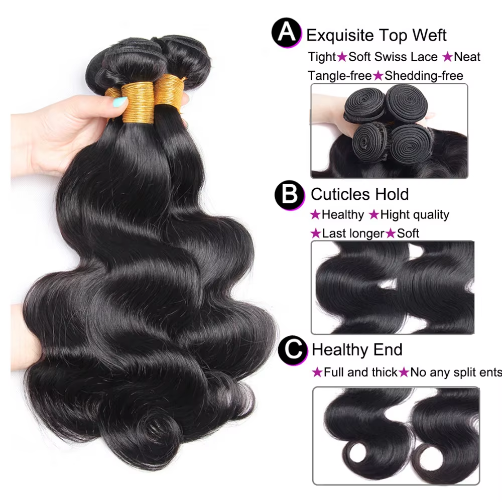 Rovess 16-34Inch Body Wave Hair Bundles Virgin Brazilian Hair Weave 3 Bundles