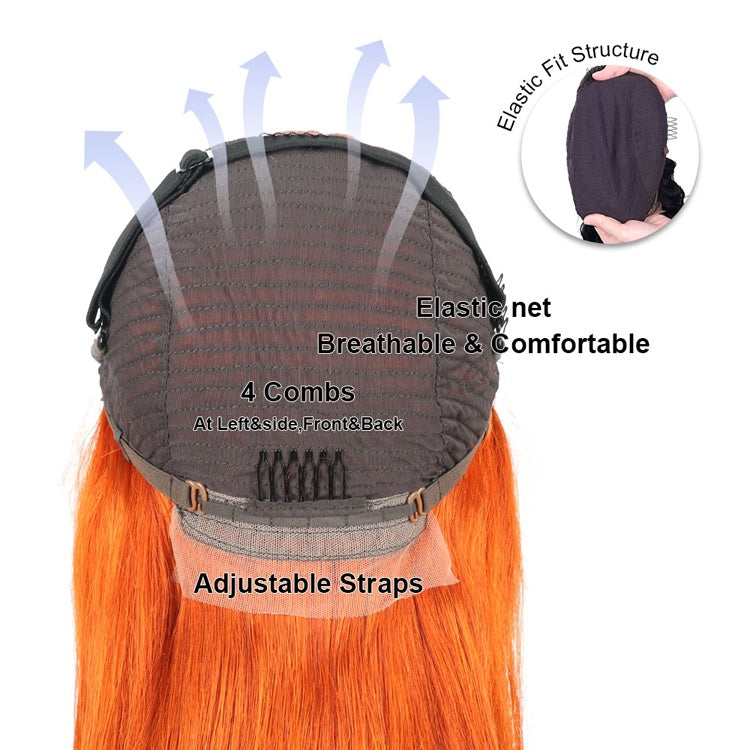 Perruques brésiliennes lisses avec dentelle frontale, cheveux humains, couleur orange roux, 30 pouces, 350, HD, 13x6, pré-épilées 