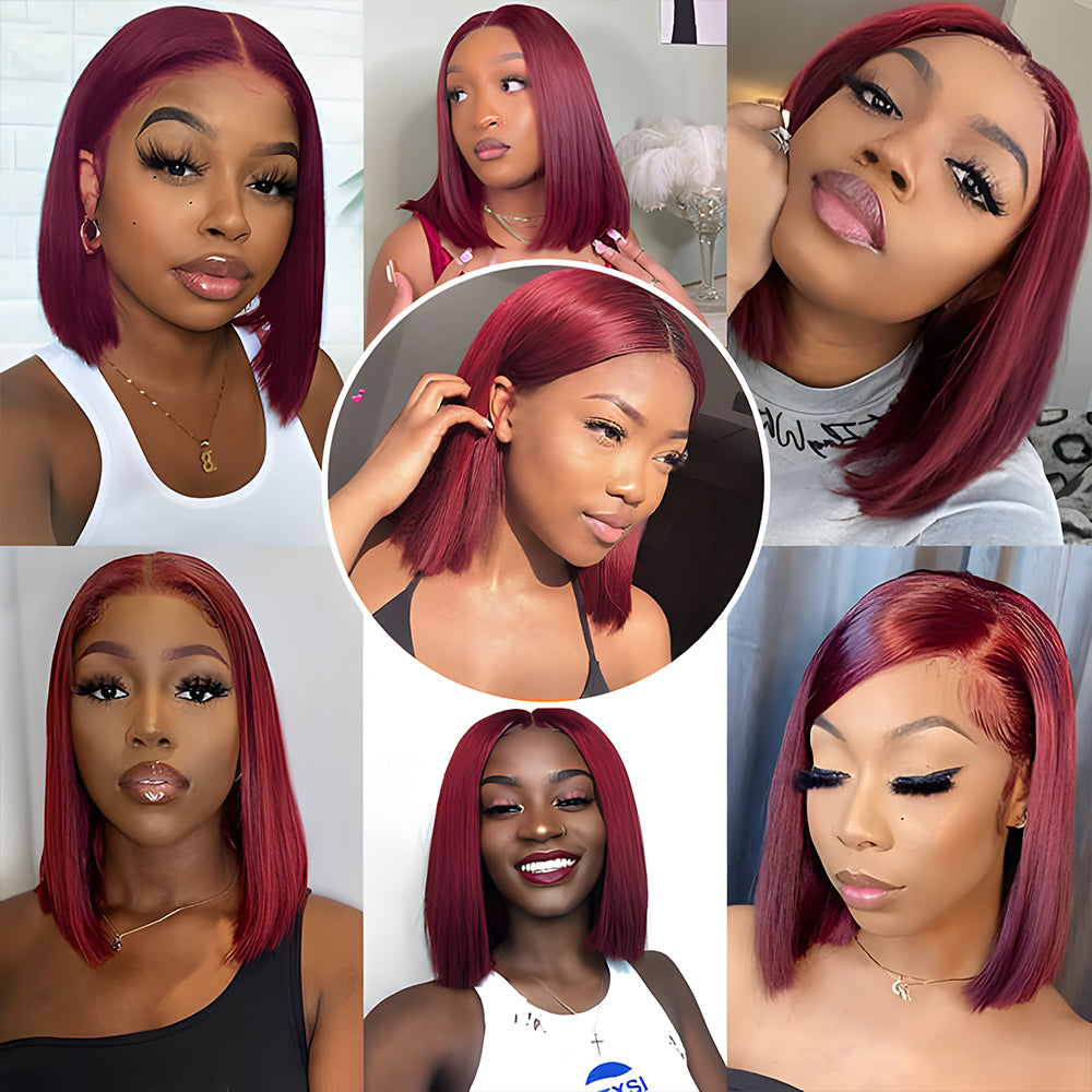 Perruque Bob 99J bordeaux 25 cm, cheveux humains, dentelle frontale 13x4, cheveux humains, courte et lisse, perruque rouge 