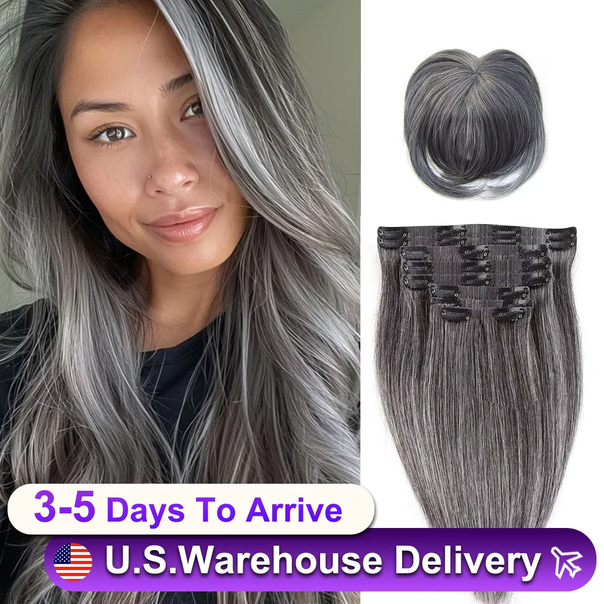 Salt Pepper Seamless PU Clip In Hair Extensions Straight 140g Human Hair Skin Weft Gray Hair Color Clip Ins Human Hair For Women