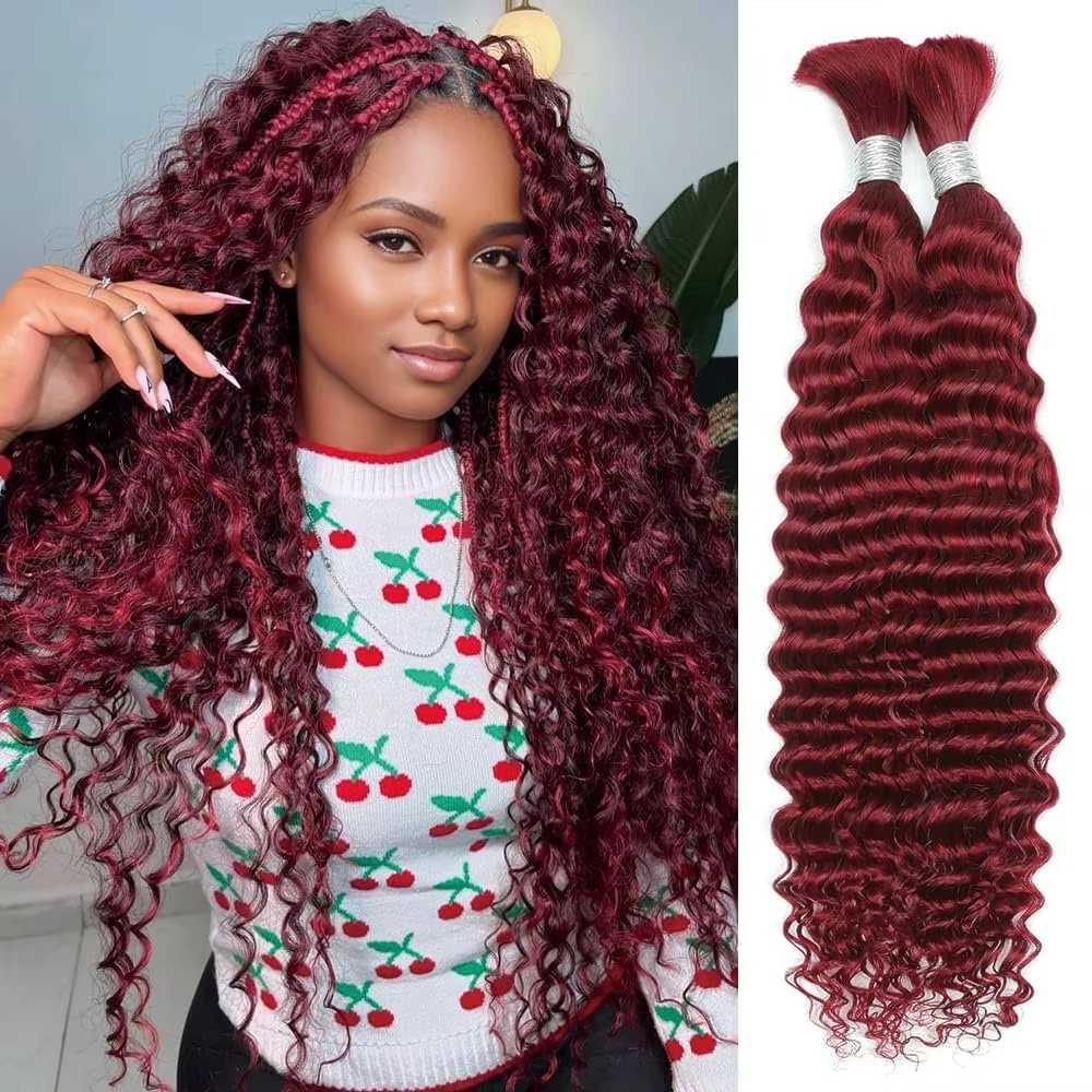 99J Burgundy Human Braiding Hair Deep Wave Bulk, No Weft Curly Braiding Hair Extensions for Boho Braids Wet and Wavy Braiding