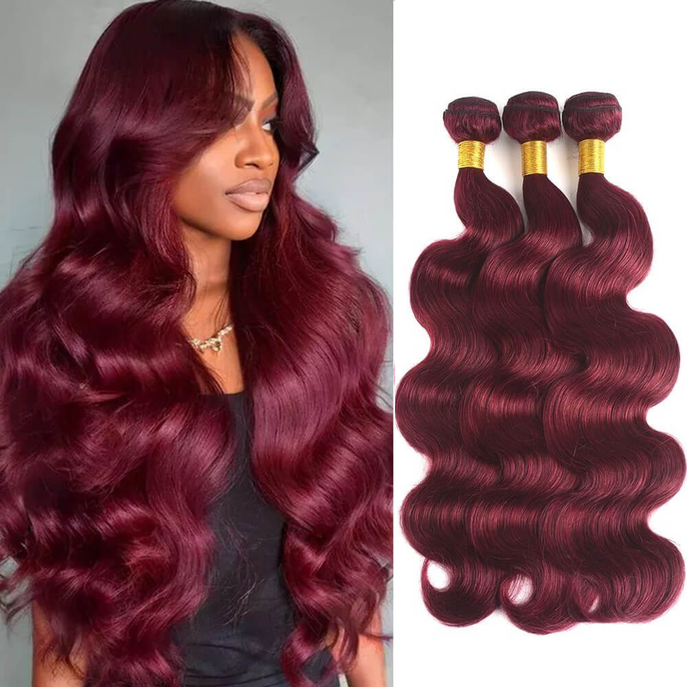 Cheveux humains ondulés Body Wave Rovess 40 à 76 cm, 99J, rouge bordeaux, lot de 4 