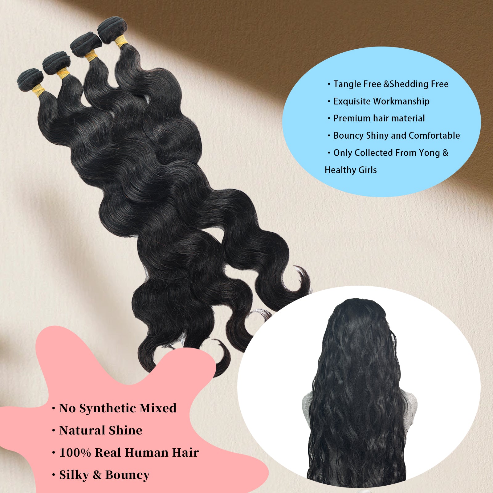 100% Real Human Hair Virgin Peruvian Body Wave Bundles – 16–34 Inch, 4-Pack Luxury Set, Silky & Full, 80–100g Each