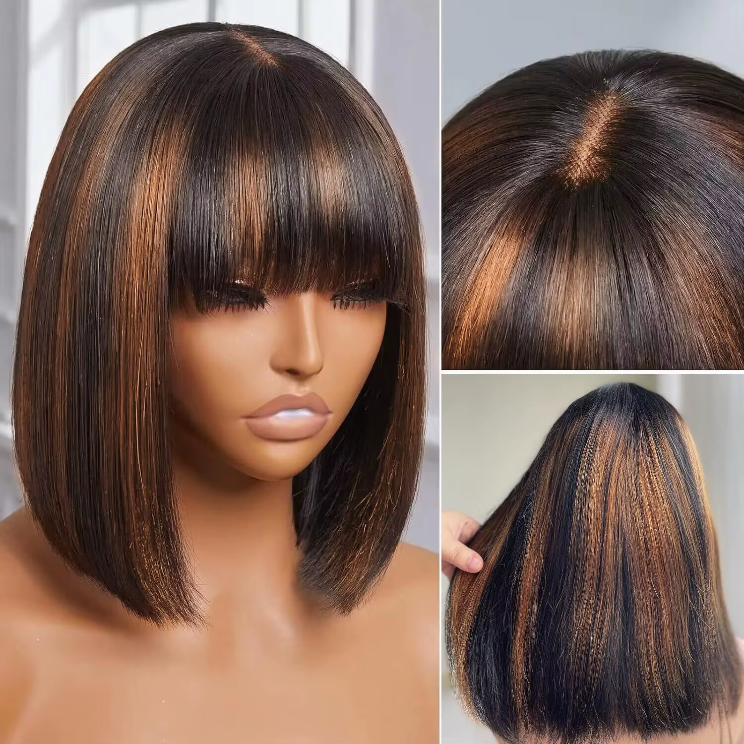1B/30 Highlight Straight Bob Human Hair Wig With Bangs 10 Inch 2x1 Lace Front Wigs Ombre Color Short Bob Human Hair For Women