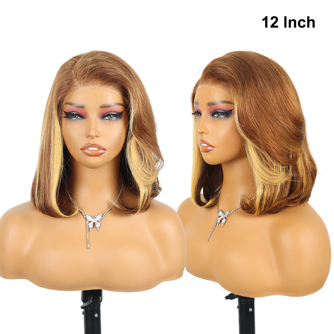 Perruque courte en dentelle prédécoupée sans colle, 12 pouces, blond caramel mélangé, 5x5, sans colle, dégradée, sans colle, perruque courte en dentelle caramel 