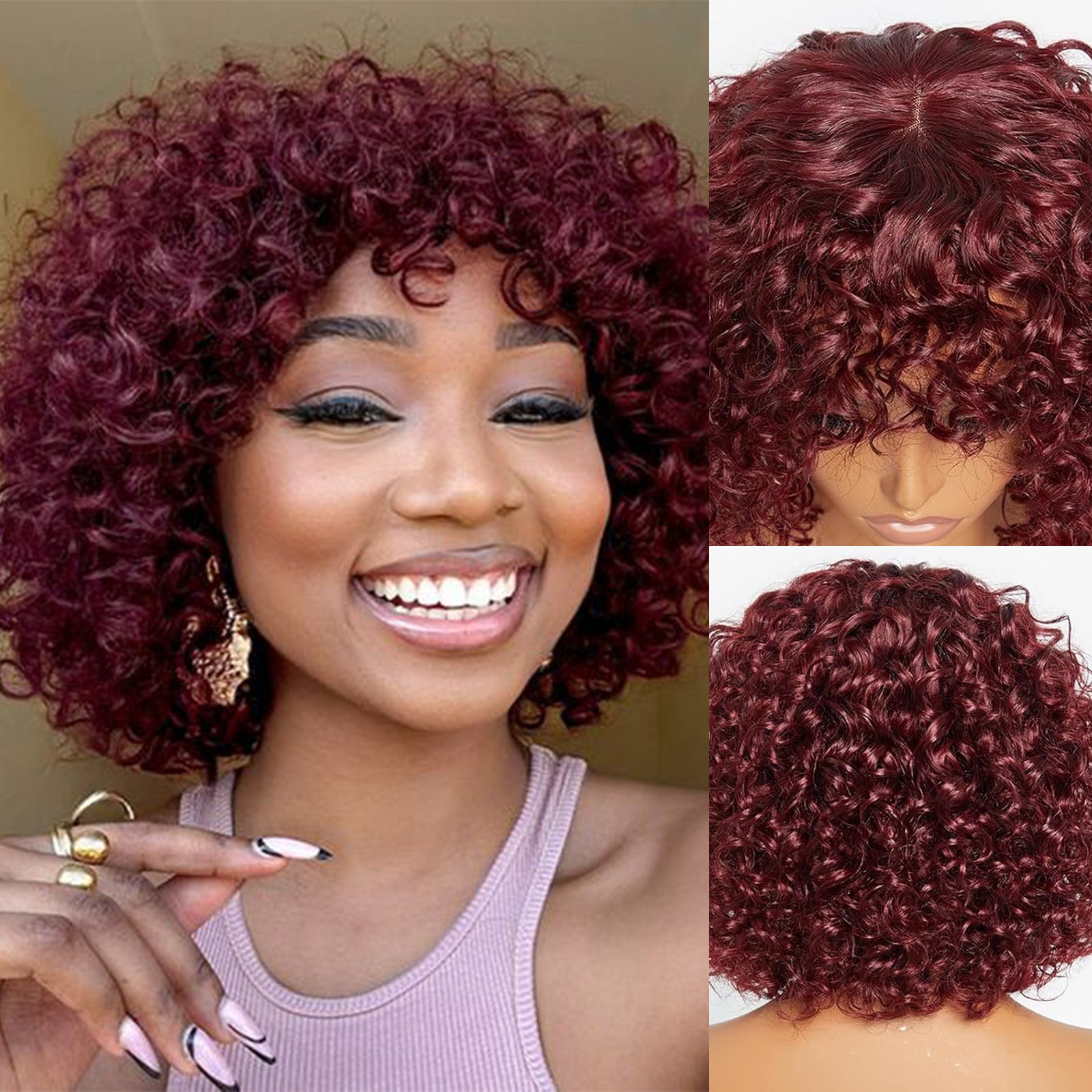 99J Burgundy Red Afro Kinky Fluffy Pixie Cut Short Curly Human Hair Wigs with Bangs Machine Made Real Hair Wigs