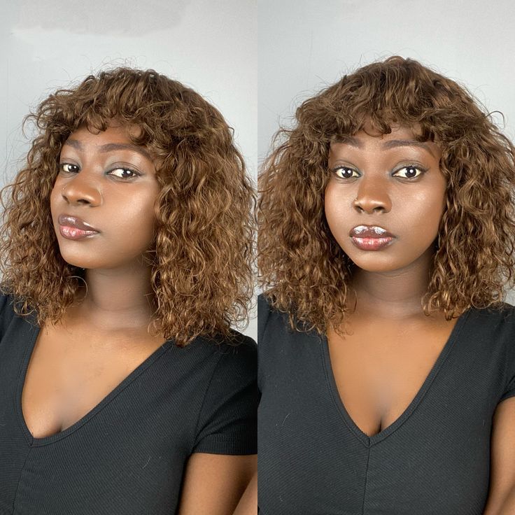 Brown Short Bob Wig Curly Human Hair Wigs With Bangs Non Lace Front Wig Wear And Go Glueless Wig For Black Women
