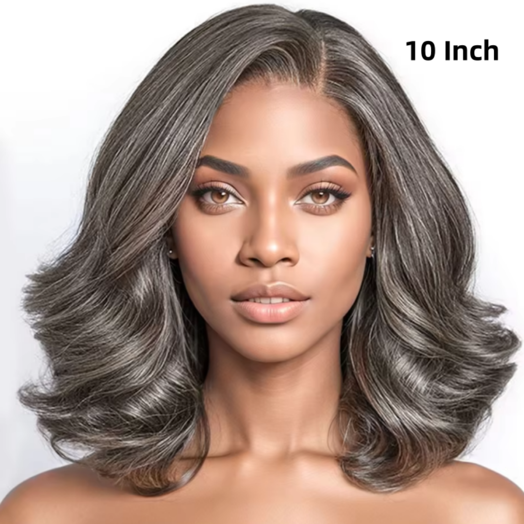 10 Inch Salt & Pepper Layered Bob Wig Loose Wave 5x5 Glueless Pre-Cut Grey Wig Beginner Friendly