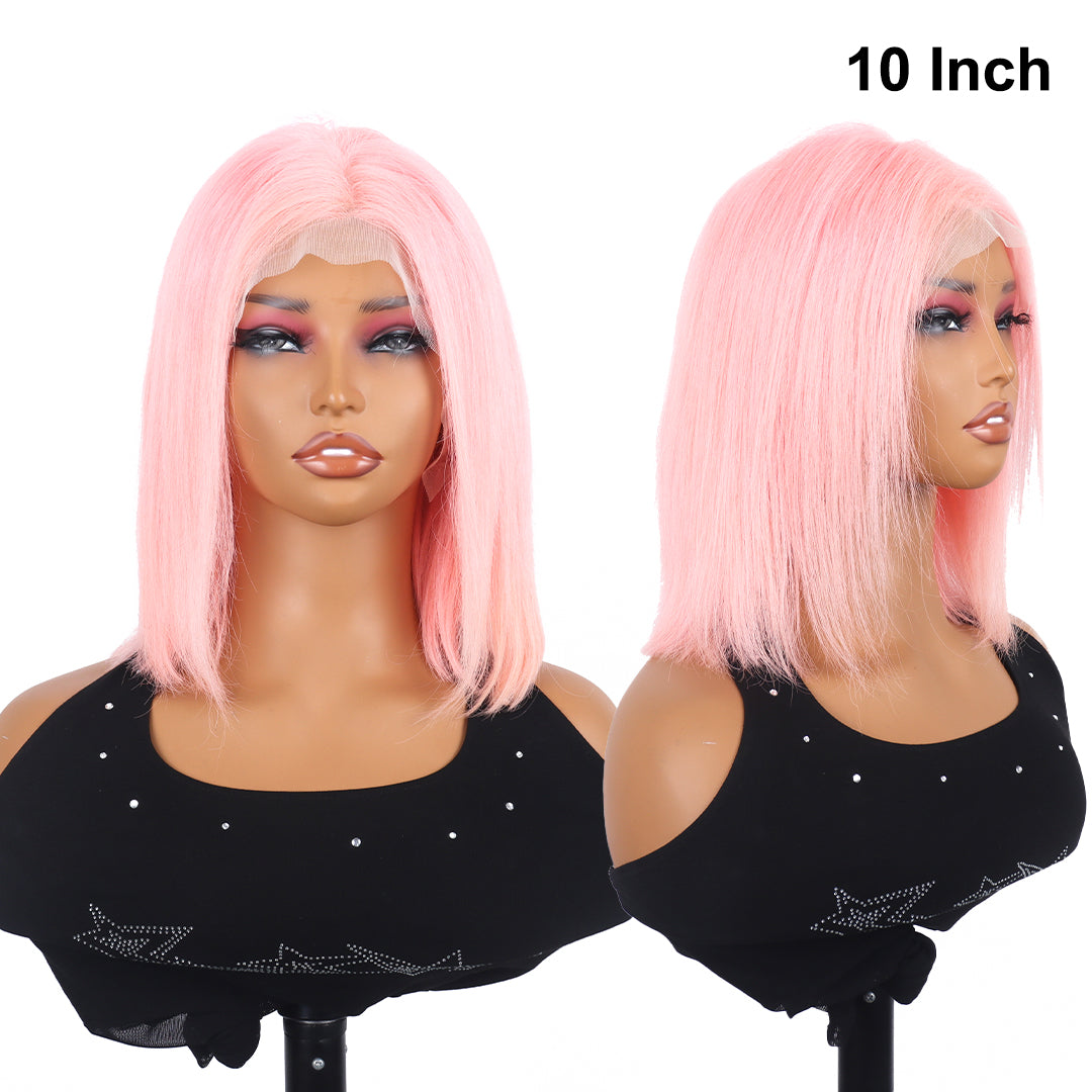 Perruque Bob rose tendance et lisse, 100 % cheveux naturels, coupe courte avec dentelle frontale de 13 x 4 cm 