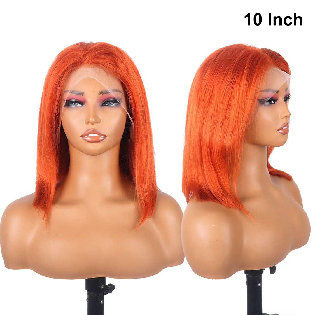Perruque courte Bob Lace Front Wig 33x10 cm, cheveux humains, coupe au carré, couleur orange roux, ligne de cheveux naturelle, 350 