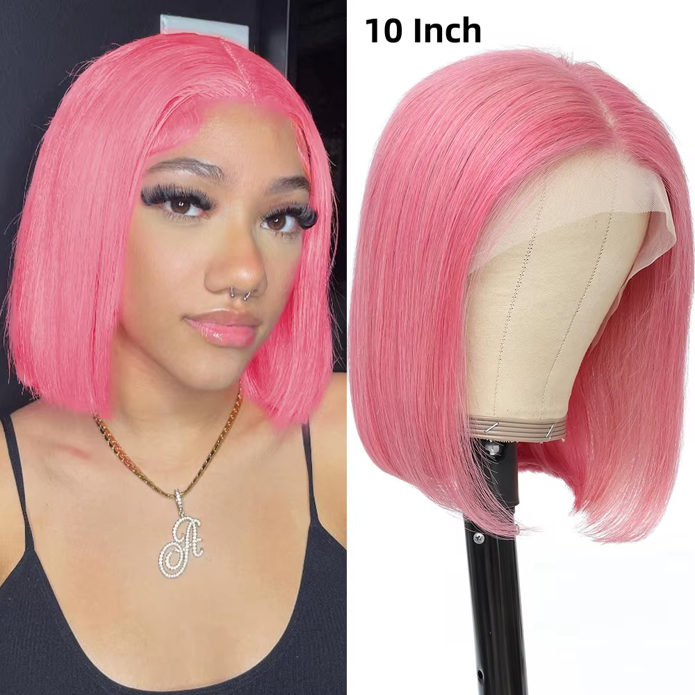 Fashion Heat Pink Straight Middle Part Shoulder Length Bob Wig 100% Real Human Hair