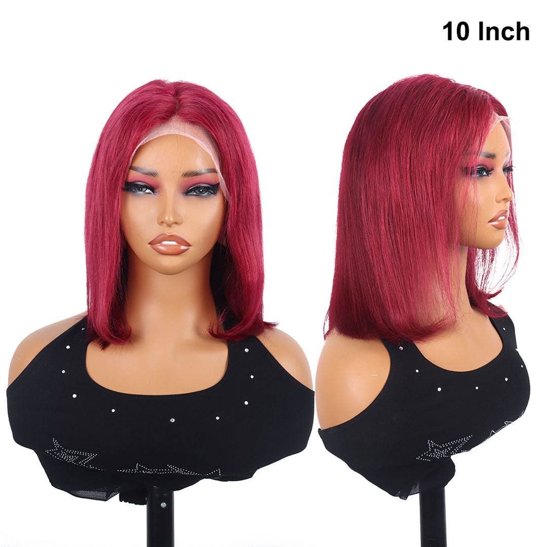 Perruque Bob 99J bordeaux 25 cm, cheveux humains, dentelle frontale 13x4, cheveux humains, courte et lisse, perruque rouge 