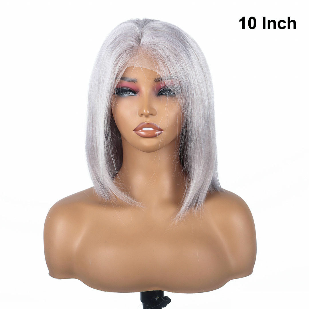 Rovess 13x4 Silver Grey Minimalist Lace Bob Wig Grey Wig Human Hair 10 Inch Silver Human Hair Wig 100% Real Human Hair