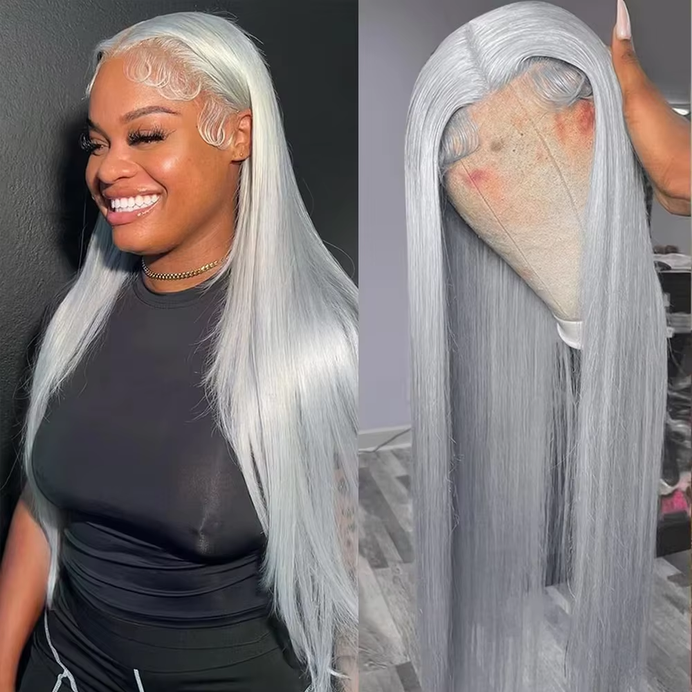30In Silver Grey Bone Straight 13x4 Lace Frontal Human Hair Wigs Grey Straight Straight Wig Human Hair For  Black Women
