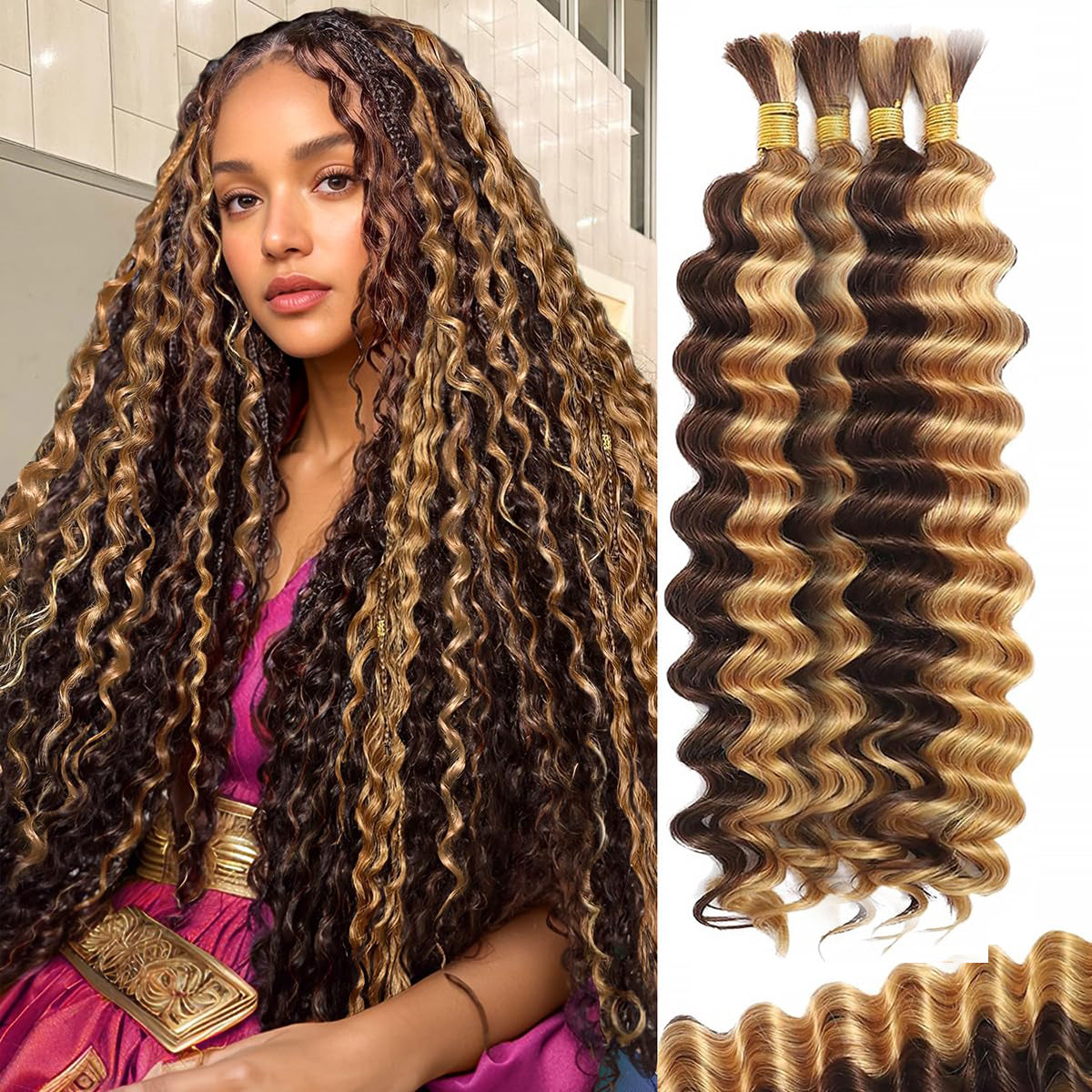 Rovess Virgin Human Hair 100% Unprocessed Boho Braiding 4/27 Highlight Deep Wave Hair Weaving 4 Bundles