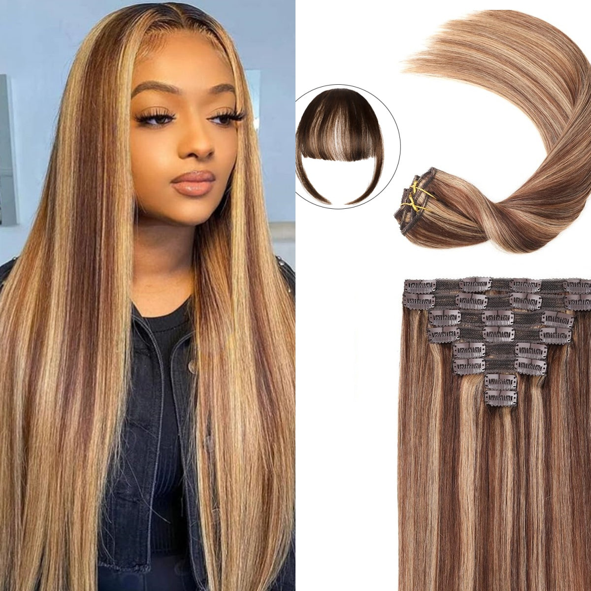 4/27 Highlight Clip in Hair Extension Human Hair 12A Human Hair Long Straight 22inch Clip in Extensions Human Hair