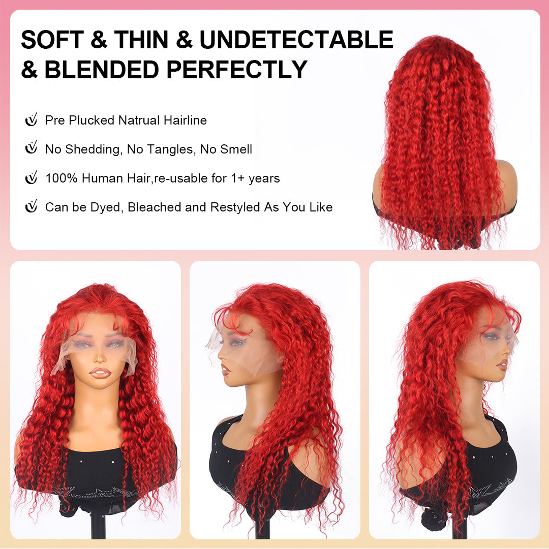 30 Inch Hot Red Lace Front Wigs Human Hair Red Deep Wave Human Hair Wigs 13x4 Lace Frontal Wigs Red Curly Wig For Black Women