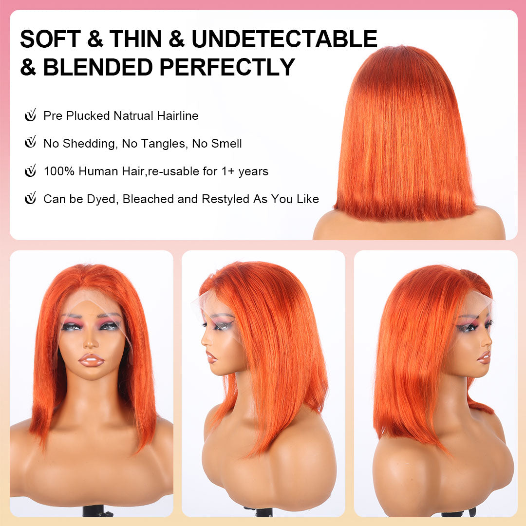 Perruque courte Bob Lace Front Wig 33x10 cm, cheveux humains, coupe au carré, couleur orange roux, ligne de cheveux naturelle, 350 