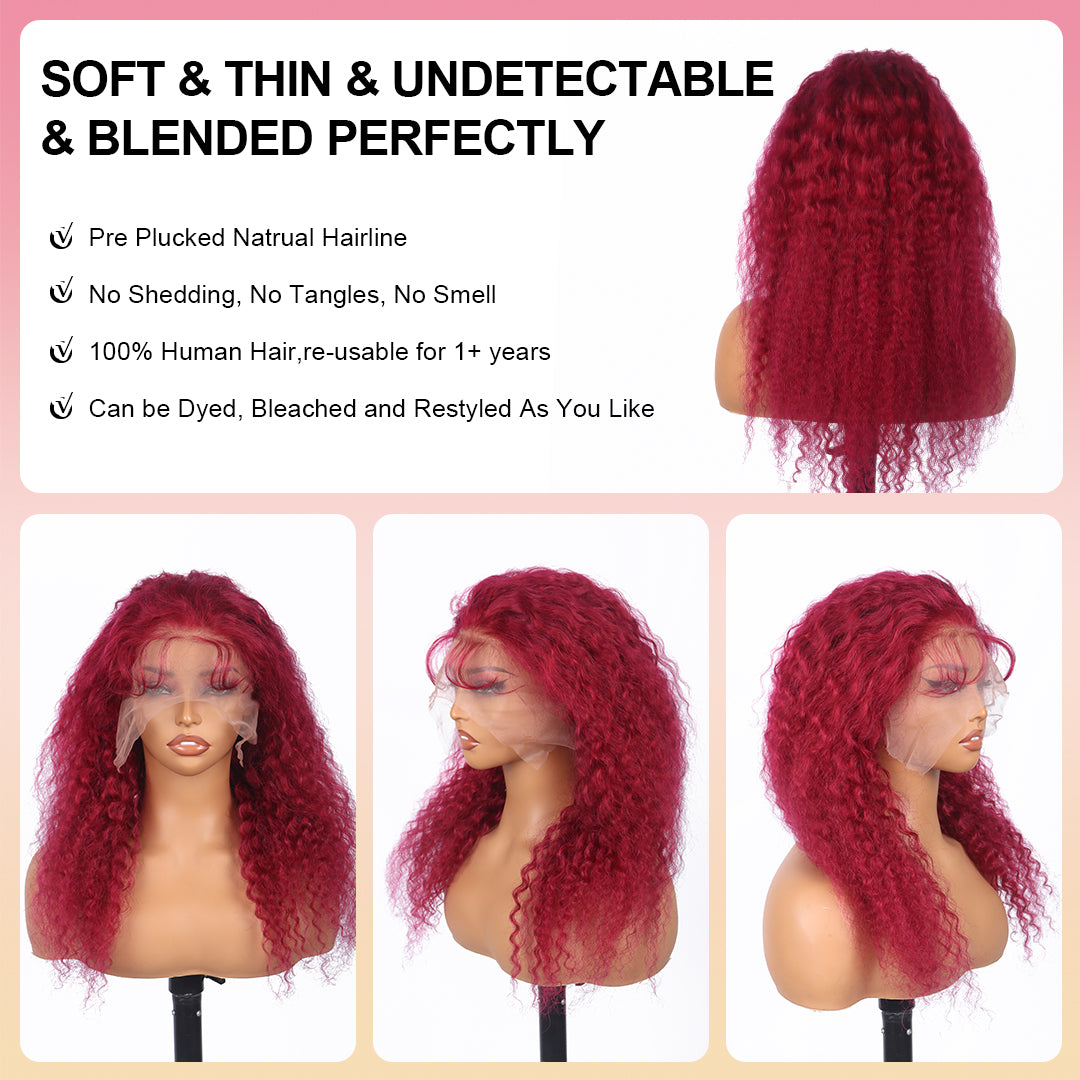 30 Inch 99j Burgundy Lace Front Wigs Human Hair Deep Wave 13x6 Lace Frontal Human Hair Wigs 99j Red Curly Wet And Wavy Wig﻿