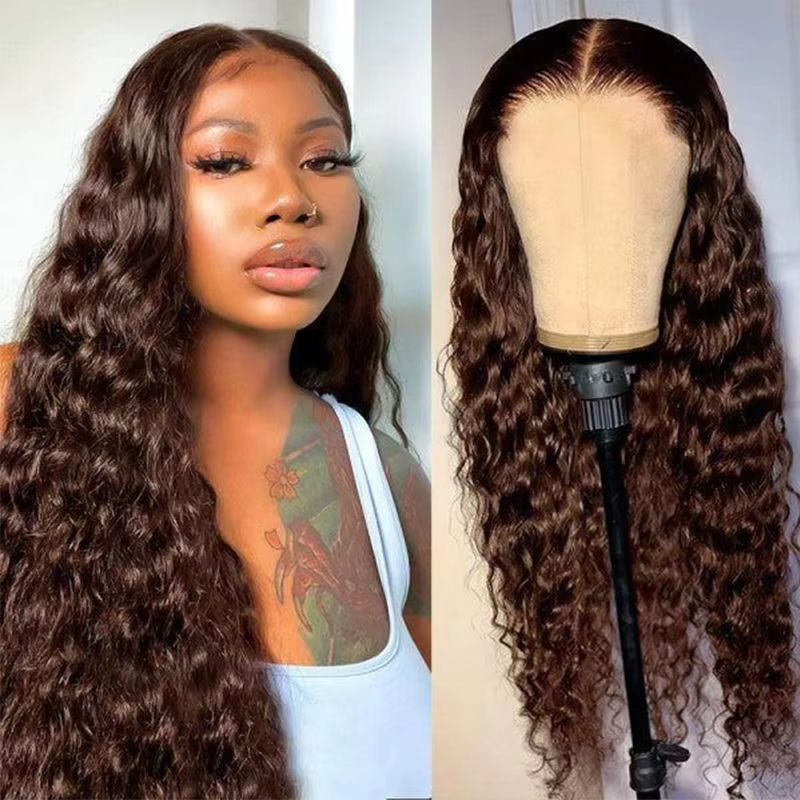 Hocolate Brown Curly Wigs 13X4 HD Human Hair Lace Frontal Wig 30 32 Inch Deep Wave Wig Human Hair Pre Plucked