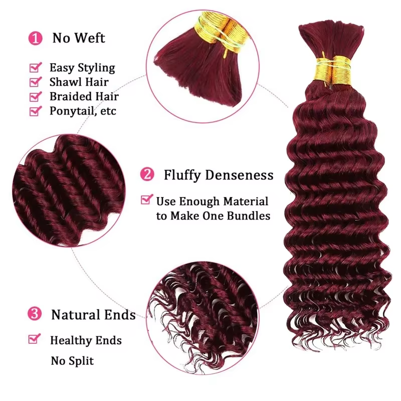99J Burgundy Human Braiding Hair Deep Wave Bulk, No Weft Curly Braiding Hair Extensions for Boho Braids Wet and Wavy Braiding