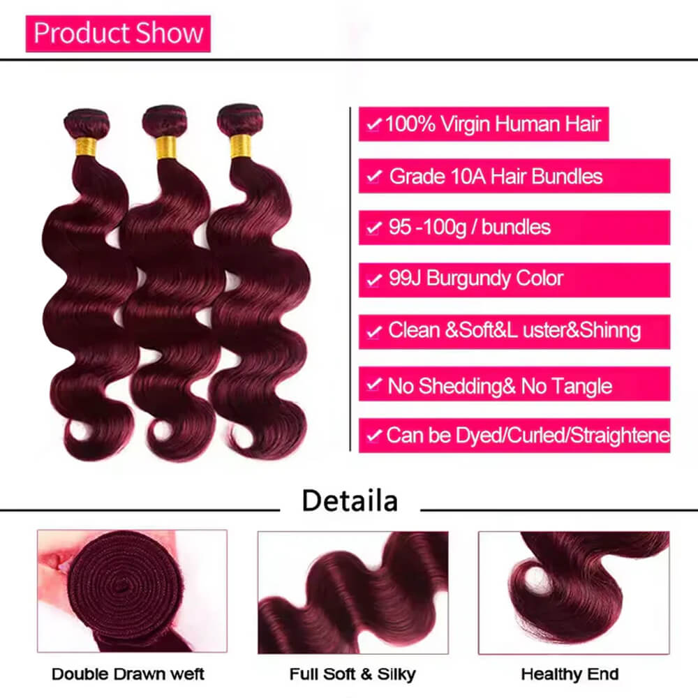 Cheveux humains ondulés Body Wave Rovess 40 à 76 cm, 99J, rouge bordeaux, lot de 4 