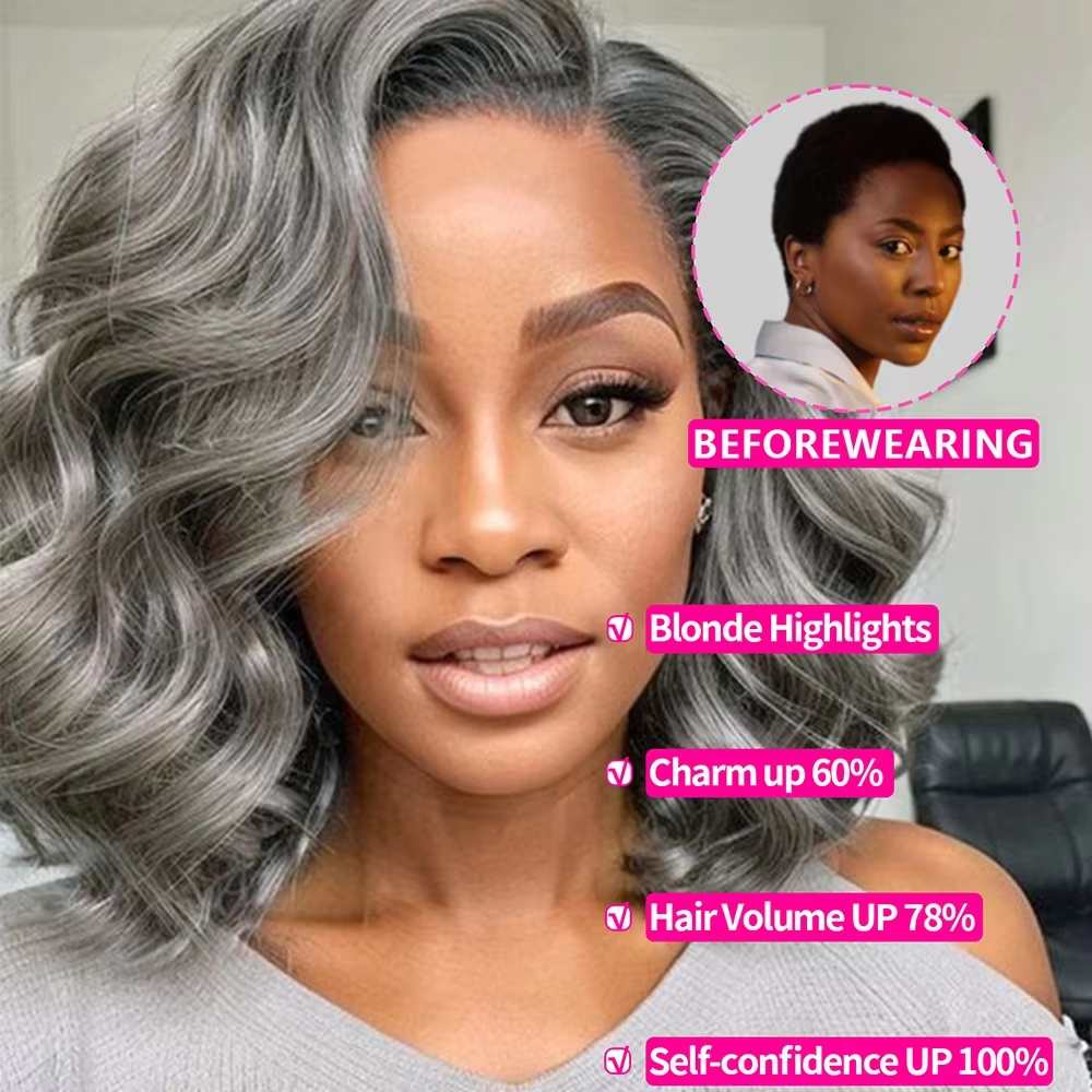 10 Inch Salt & Pepper Layered Bob Wig Loose Wave 5x5 Glueless Pre-Cut Grey Wig Beginner Friendly