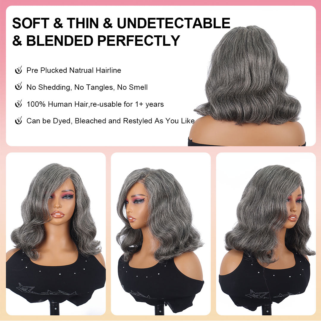 Perruque Bob dégradée sel et poivre de 30 cm, perruque Bob ondulée sans colle de 12 x 13 cm, perruque grise adaptée aux débutants, cheveux courts gris 