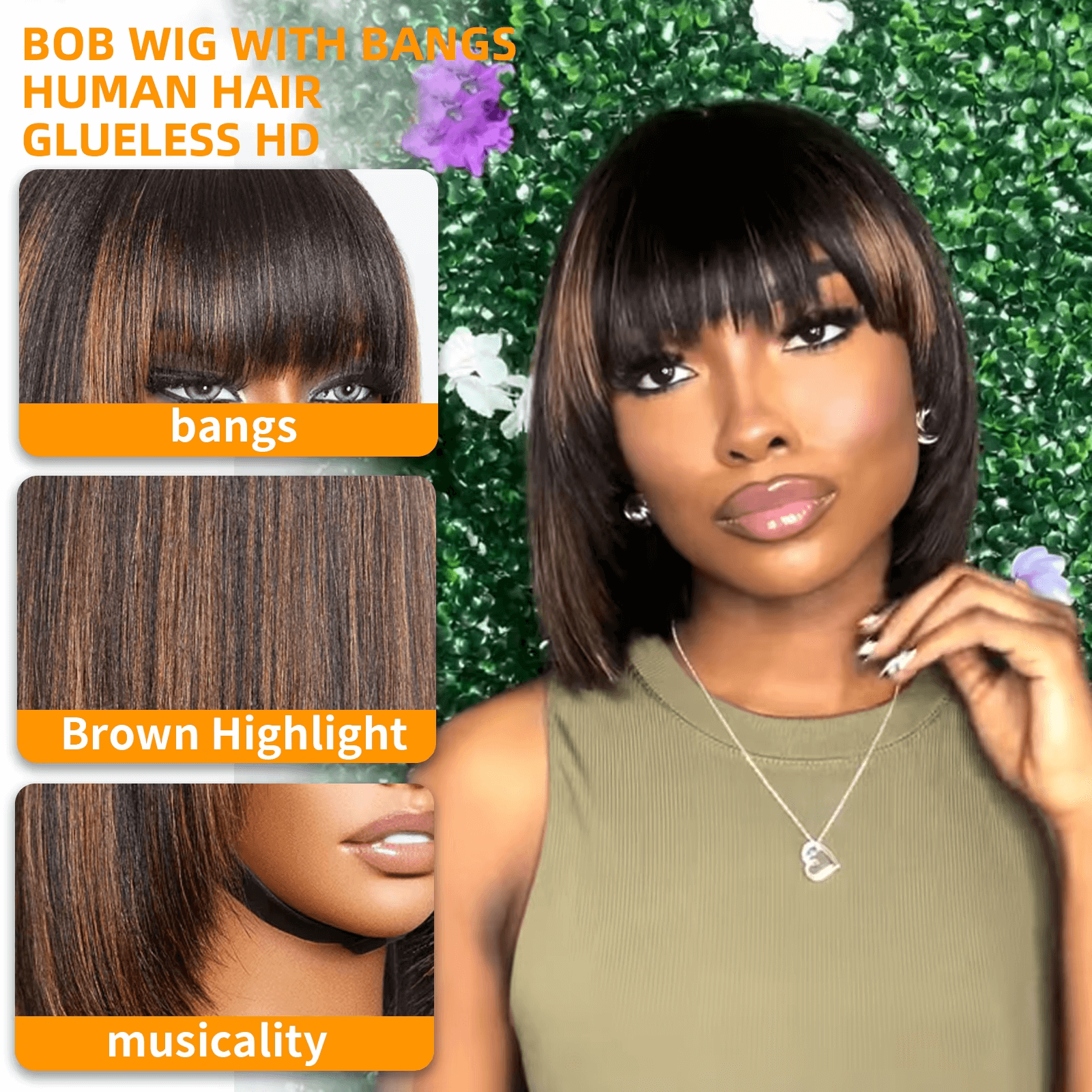Just $9.9! Glueless Bob Wig w/ Bangs (Highlight Brown)