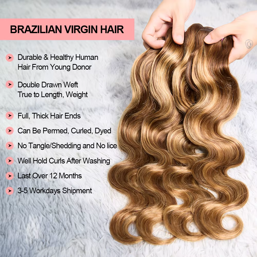 26 Inch Body Wave 4/27 Highlight 4 Bundles Human Hair Honey Brown Colored Brazilian Raw Hair Weave Human Hair Bundles Extensions