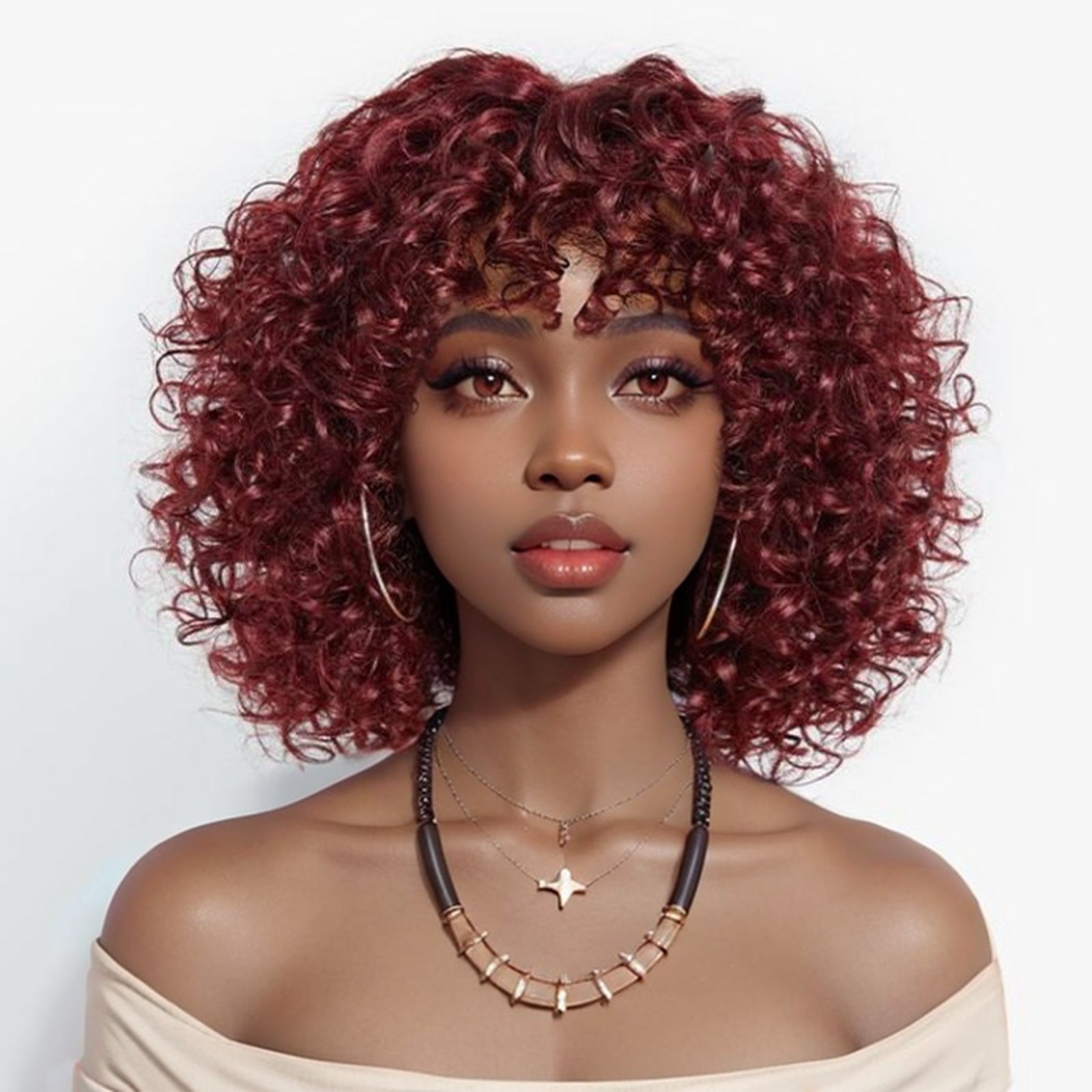 99J Burgundy Red Afro Kinky Fluffy Pixie Cut Short Curly Human Hair Wigs with Bangs Machine Made Real Hair Wigs