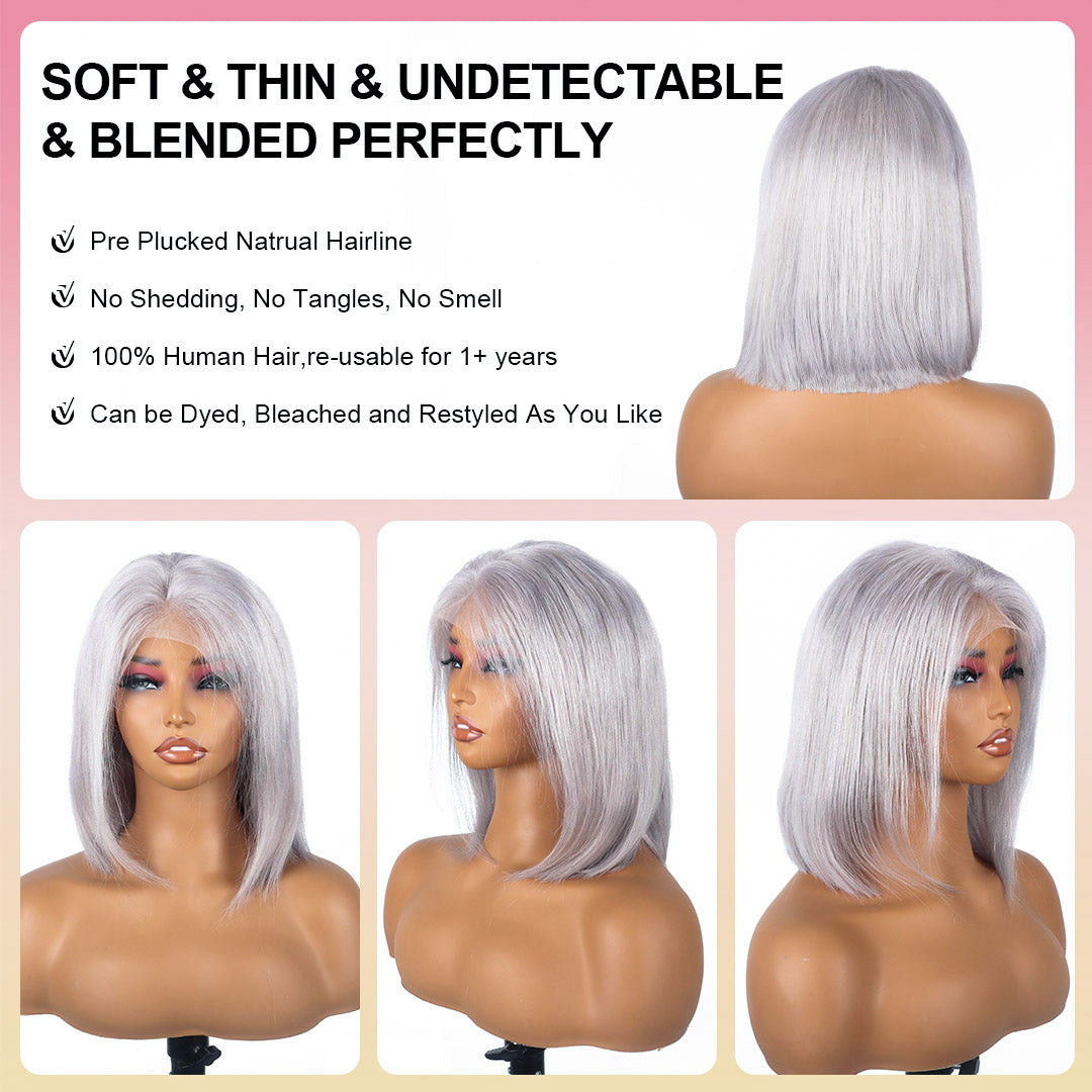 Rovess 13x4 Silver Grey Minimalist Lace Bob Wig Grey Wig Human Hair 10 Inch Silver Human Hair Wig 100% Real Human Hair