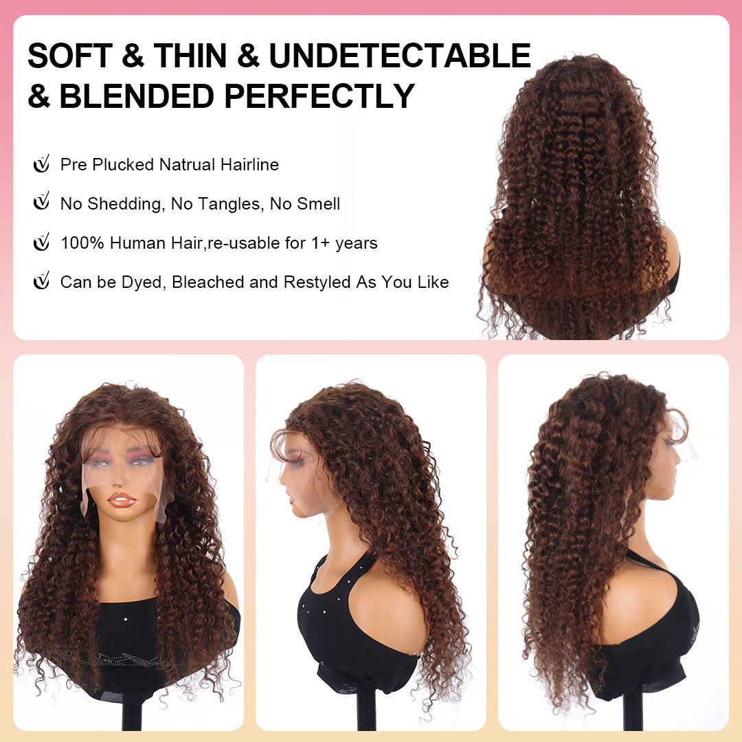 34 Inch Chocolate Brown Deep Wave Lace Front Wigs Human Hair 13x4 Lace Frontal Wigs Curly Human Hair Brown Wig Pre Plucked