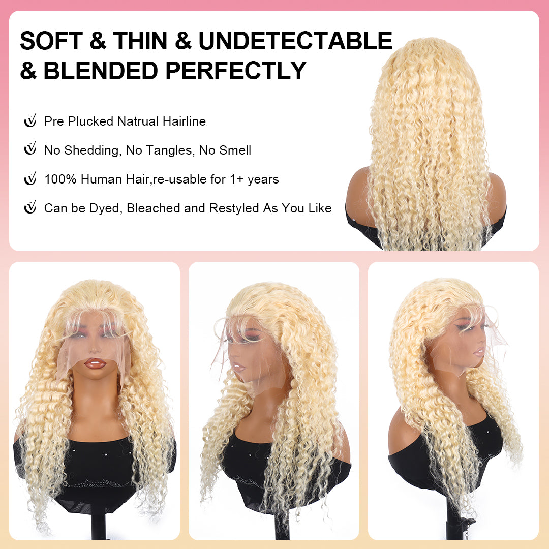 Perruque Lace Front Wig 613 de Rovess, cheveux humains blonds bouclés, ondulés profonds, 33 x 15 cm, cheveux naturels, pré-épilés. 