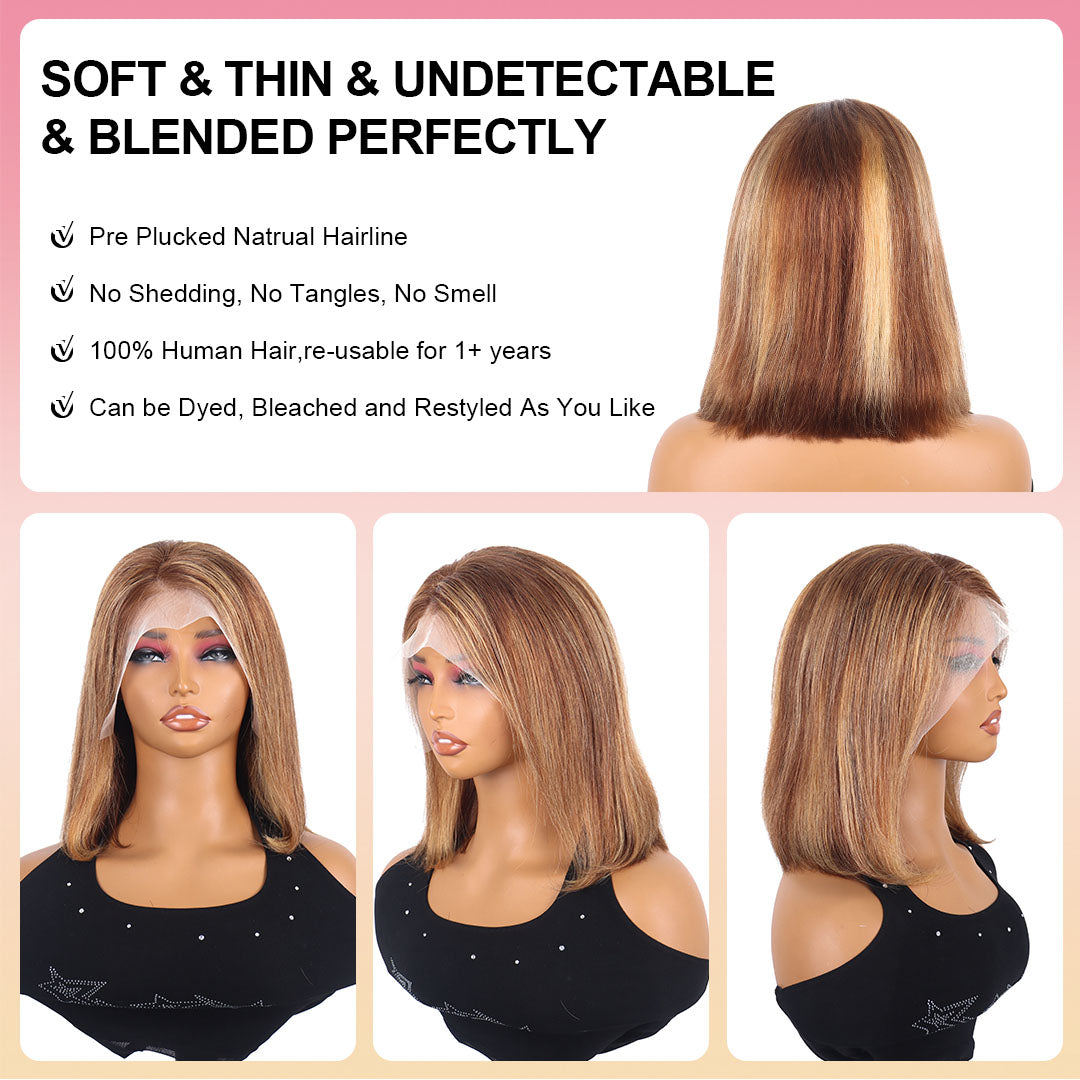 4/27 Highlight Straight Bob Wig Human Hair 13x4 Lace Front Bob Wigs Human Hair 4/27 Ombre Honey Blonde Human Hair Wig