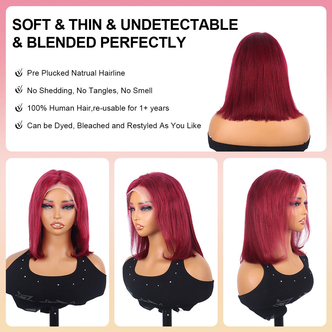 Perruque Bob 99J bordeaux 25 cm, cheveux humains, dentelle frontale 13x4, cheveux humains, courte et lisse, perruque rouge 
