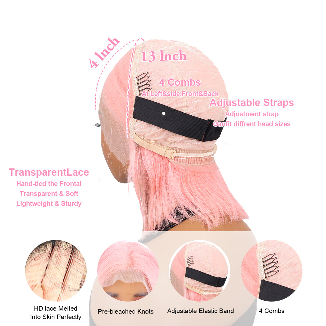 Perruque Bob rose tendance et lisse, 100 % cheveux naturels, coupe courte avec dentelle frontale de 13 x 4 cm 
