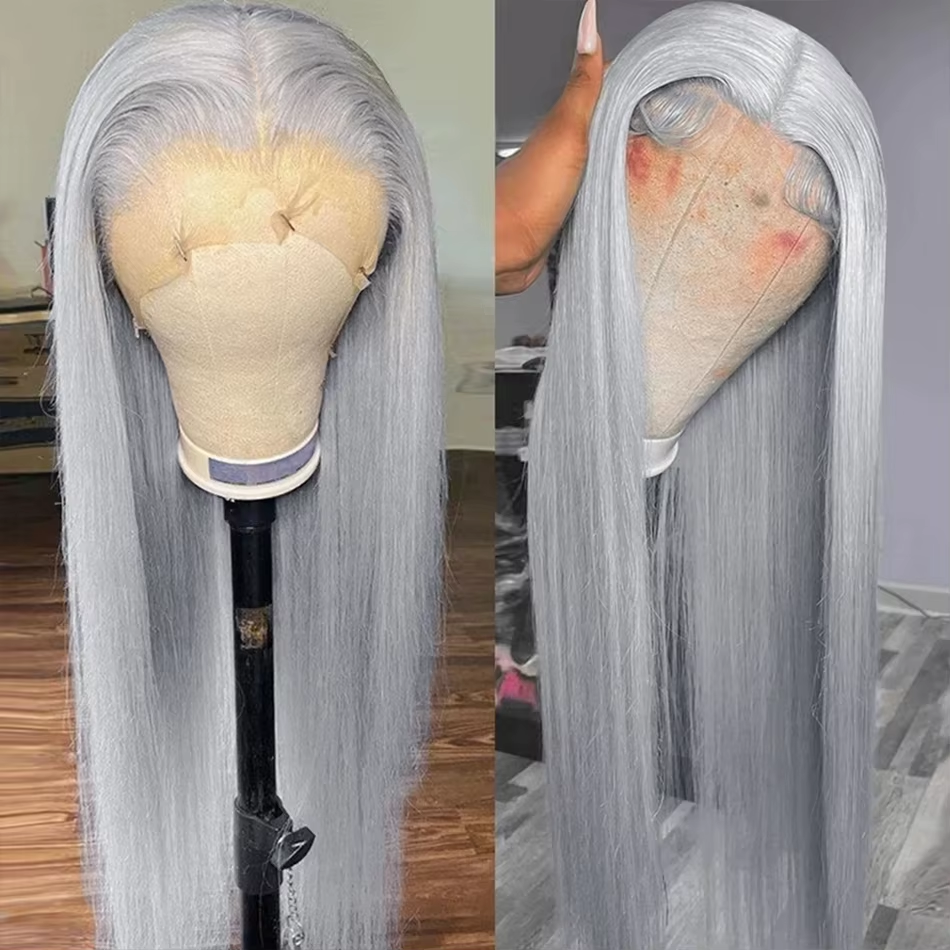 30In Silver Grey Bone Straight 13x4 Lace Frontal Human Hair Wigs Grey Straight Straight Wig Human Hair For  Black Women
