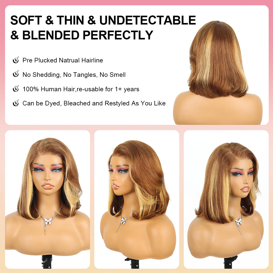 4/27 Honey Blonde Highlight Pre-Cut Lace Side Part Short Wave Bob Human Hair Wig 5x5 Lace Glueless Wig 12 Inch