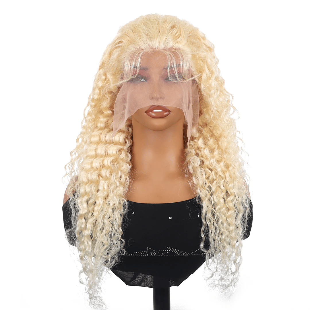 Perruque Lace Front Wig 613 de Rovess, cheveux humains blonds bouclés, ondulés profonds, 33 x 15 cm, cheveux naturels, pré-épilés. 
