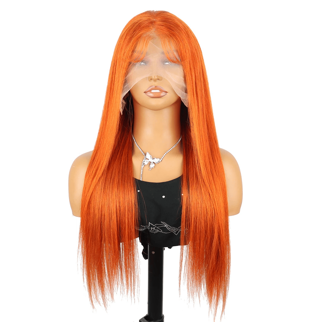 Perruques brésiliennes lisses avec dentelle frontale, cheveux humains, couleur orange roux, 30 pouces, 350, HD, 13x6, pré-épilées 